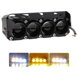 FARO RECTANGULAR PARA MOTO CON 4 HIPER LEDS, ESTROBO Y LUPA, BLANCO/AMARILLO