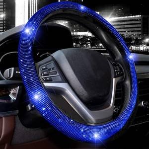 FUNDA PARA VOLANTE MEDIANA DE 38 CM NEGRA CON DIAMANTITOS AZUL