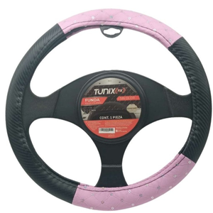FUNDA PARA VOLANTE NEGRA MEDIANA DE 38 CM ENTRELAZADA CON DIAMANTITOS ROSA
