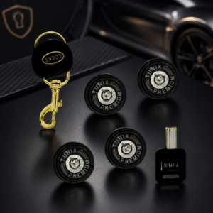 4 CHAPAS DE SEGURIDAD AUTOMOTRIZ LÍNEA PREMIUM CON LLAVERO. (JUEGO)