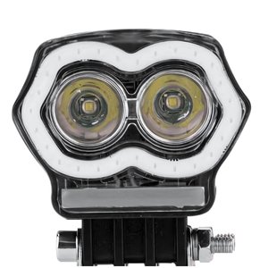 FARO PARA MOTO CON 2 LEDS LUZ BLANCA, ALTA, BAJA Y ESTROBO, CON ENTRADA USB Y OJO DE ÁNGEL TIPO GEL