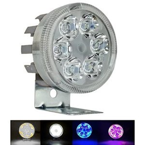 FARO REDONDO PARA MOTOCICLETA CON 6 LEDS, OJO DE ANGEL COLOR AZUL, ROJO. ESTROBO, CARCASA PLATA
