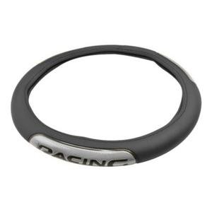 FUNDA PARA VOLANTE MEDIANA CON REFLEJANTE DE 38CM LEYENDA RACING NEGRO CON PLATA EN FORMA D