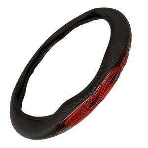 FUNDA PARA VOLANTE MEDIANA CON REFLEJANTE DE 38 CM CON FLAMAS NEGRO CON ROJO.