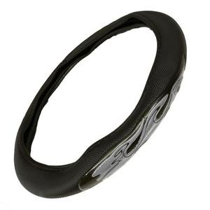 FUNDA PARA VOLANTE MEDIANA CON REFLEJANTE DE 38 CM CON FLAMAS NEGRO CON PLATA.