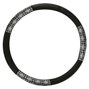 FUNDA PARA VOLANTE MEDIANA CON REFLEJANTE DE 38 CM CON CUADROS ENTRELAZADOS NEGRO CON PLATA.