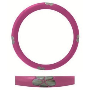 FUNDA PARA VOLANTE MEDIANA ROSA CON REFLEJANTE PLATA DE 38 CM CON FLORES.