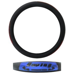 FUNDA PARA VOLANTE MEDIANA CON REFLEJANTE DE 38 CM CON RACING FLECHADO NEGRO CON AZUL.