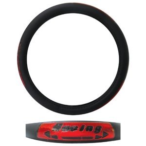 FUNDA PARA VOLANTE MEDIANA CON REFLEJANTE DE 38 CM CON RACING FLECHADO NEGRO CON ROJO.