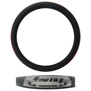 FUNDA PARA VOLANTE MEDIANA CON REFLEJANTE DE 38 CM CON RACING FLECHADO NEGRO CON PLATA.