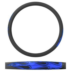 FUNDA PARA VOLANTE GRANDE CON REFLEJANTE DE 40 CM CON FLAMAS NEGRO CON AZUL.