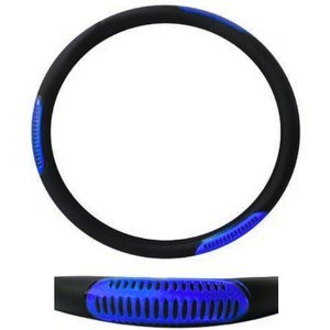 FUNDA PARA VOLANTE GRANDE CON REFLEJANTE DE 40 CM CON FIGURA DE REJA NEGRO CON AZUL.