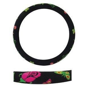 FUNDA PARA VOLANTE MEDIANA TIPO GAMUZA DE 38 CM CON ROSA.