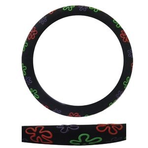 FUNDA PARA VOLANTE MEDIANA TIPO GAMUZA DE 38 CM CON FLORES.