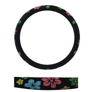 FUNDA PARA VOLANTE MEDIANA TIPO GAMUZA DE 38 CM CON FLORES DE COLORES.