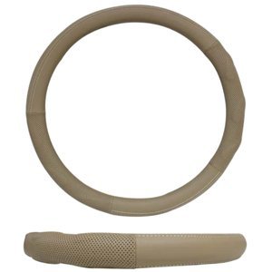 FUNDA PARA VOLANTE DE PIEL CHICA DE 36 CM CON CINTILLO ROJO BEIGE.
