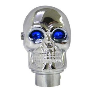PERILLA CROMADA DE CALAVERA CON LUZ EN OJOS AZUL.
