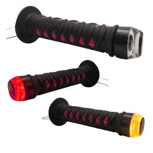 PUÑO PARA MANUBRIO CUBIERTO DE HULE TIPO KATANA ROJA CON LUZ AZUL Y DIRECCIONAL AMBAR