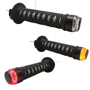 PUÑO PARA MANUBRIO CUBIERTO DE HULE TIPO KATANA NEGRA CON LUZ ROJA Y DIRECCIONAL AMBAR
