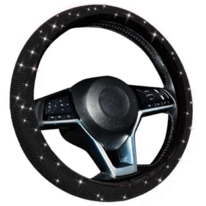 FUNDA PARA VOLANTE MEDIANA DE 38 CM NEGRA CON DIAMANTITOS EN CUADRO NEGRO