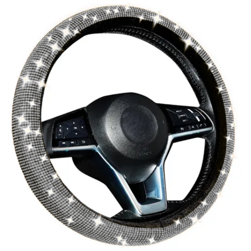 FU-10-106NC FUNDA PARA VOLANTE MEDIANA DE 38 CM NEGRA CON DIAMANTITOS EN CUADRO BLANCO (PIEZA)