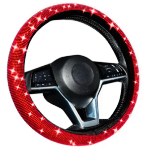 FUNDA PARA VOLANTE MEDIANA DE 38 CM NEGRA CON DIAMANTITOS EN CUADRO ROJO