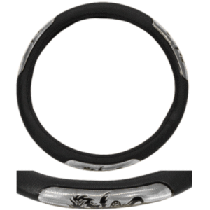 FU-3-1096NS FUNDA PARA VOLANTE MEDIANA CON REFLEJANTE DE 38 CM CON DRAGÓN NEGRO CON PLATEADO (PIEZA)