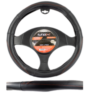 FUNDA PARA VOLANTE NEGRA MEDIANA DE 38 CM CON 6 SECCIONES Y COSTURA ROJA