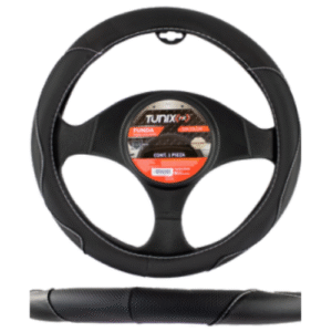 FUNDA PARA VOLANTE NEGRA MEDIANA DE 38 CM CON 3 SECCIONES Y COSTURA BLANCA