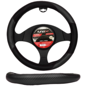 FUNDA PARA VOLANTE  MEDIANA DE 38 CM RAYADA CON LOGO TUNIX COLOR NEGRO (PIEZA)