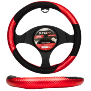 FUNDA PARA VOLANTE  MEDIANA DE 38 CM RAYADA CON LOGO TUNIX COLOR ROJO