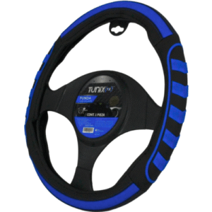 FUNDA PARA VOLANTE  MEDIANA DE 38 CM RAYADA CON 4 SECCIONES ANTIDERRAPANTE NEGRO AZUL