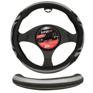 FUNDA PARA VOLANTE  MEDIANA DE 38 CM NEGRA CON 4 SECCIONES Y ANTIDERRAPANTE GRIS