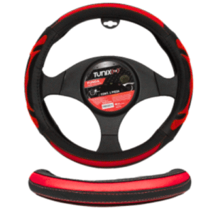 FUNDA PARA VOLANTE  MEDIANA DE 38 CM NEGRA CON 4 SECCIONES Y ANTIDERRAPANTE ROJO