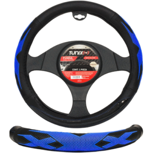 FUNDA PARA VOLANTE  MEDIANA DE 38 CM NEGRA CON 4 SECCIONES Y DOS ANTIDERRAPANTE AZUL