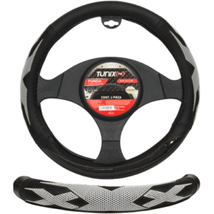 FUNDA PARA VOLANTE  MEDIANA DE 38 CM NEGRA CON 4 SECCIONES Y DOS ANTIDERRAPANTE GRIS