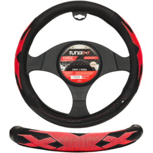 FUNDA PARA VOLANTE  MEDIANA DE 38 CM NEGRA CON 4 SECCIONES Y DOS ANTIDERRAPANTE ROJO