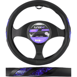 FUNDA PARA VOLANTE  MEDIANA DE 38 CM NEGRA CON LINEAS MORADO