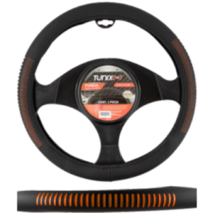 FUNDA PARA VOLANTE  MEDIANA DE 38 CM NEGRA CON RAYAS NARANJAS