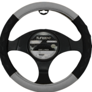 FUNDA PARA VOLANTE  MEDIANA DE 38 CM BASE NEGRA CON LATERALES EN RELIEVE CON ONDAS GRIS