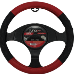 FUNDA PARA VOLANTE  MEDIANA DE 38 CM BASE NEGRA CON LATERALES EN RELIEVE CON ONDAS ROJO
