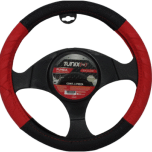 FUNDA PARA VOLANTE  MEDIANA DE 38 CM BASE NEGRA CON LATERALES EN RELIEVE CON FLECHA CONTINUA ROJO