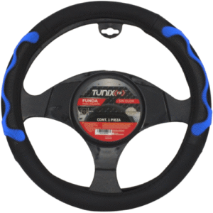 FUNDA PARA VOLANTE  MEDIANA DE 38 CM NEGRA CON LATERALES VENTILADOS CON MOÑO AZUL