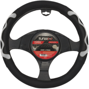 FUNDA PARA VOLANTE  MEDIANA DE 38 CM NEGRA CON LATERALES VENTILADOS CON MOÑO GRIS