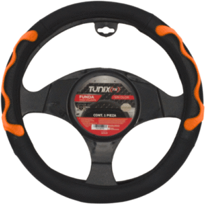 FUNDA PARA VOLANTE  MEDIANA DE 38 CM NEGRA CON LATERALES VENTILADOS CON MOÑO NARANJA