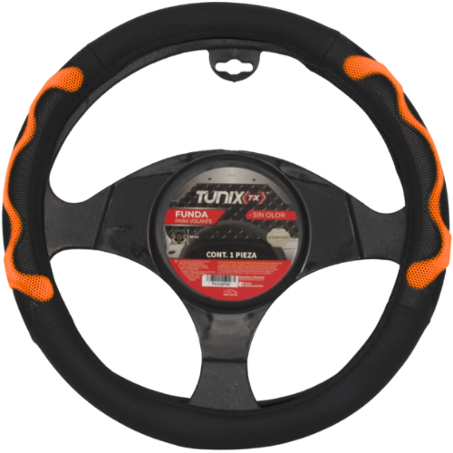 FU-3-427NO FUNDA PARA VOLANTE MEDIANA DE 38 CM NEGRA CON LATERALES VENTILADOS CON MOÑO NARANJA (PIEZA)