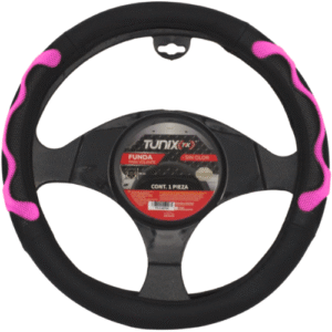 FUNDA PARA VOLANTE  MEDIANA DE 38 CM NEGRA CON LATERALES VENTILADOS CON MOÑO ROSA