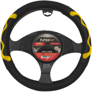 FUNDA PARA VOLANTE  MEDIANA DE 38 CM NEGRA CON LATERALES VENTILADOS CON MOÑO AMARILLO