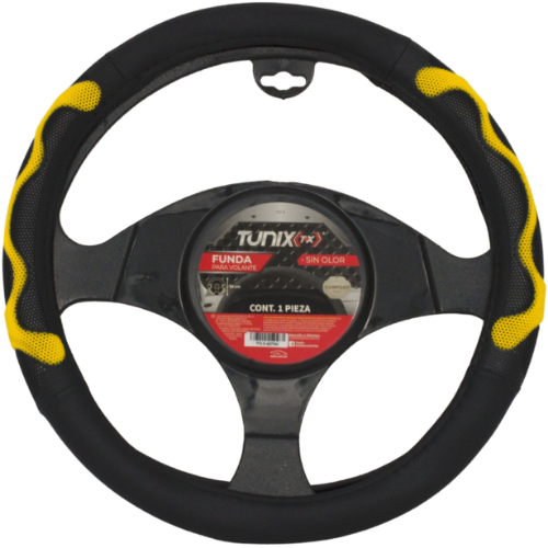 FU-3-427NY (2) FUNDA PARA VOLANTE MEDIANA DE 38 CM NEGRA CON LATERALES VENTILADOS CON MOÑO AMARILLO (PIEZA)