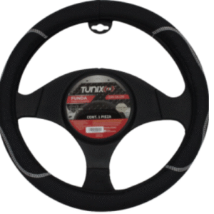 FUNDA PARA VOLANTE MEDIANA DE 38 CM NEGRA CON ESTRUCTURA LISA Y DE ROMBOS Y COSTURA ROJA